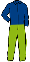 Haalarien väri: tummansininen yläosa, limenvihreä alaosa / Color of the overalls: dark blue top, lime green bottom